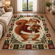 Squirrel in Santa Coat Christmas area rug in a living room beside a sofa