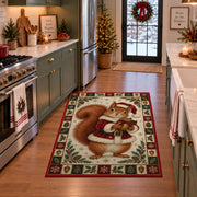 Squirrel in Santa Coat Christmas area rug in a holiday kitchen