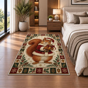 Squirrel in Santa Coat Christmas area rug in a bedroom beside the bed
