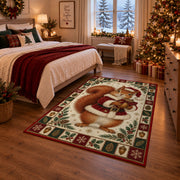 Squirrel in Santa Coat Christmas area rug in a bedroom with festive decor