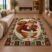 Squirrel in Santa Coat Christmas area rug in a living room with a fireplace