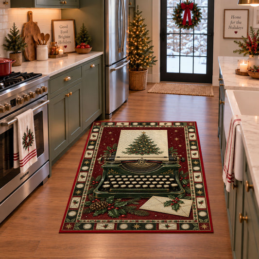 Vintage Typewriter with Holly Christmas area rug in a holiday kitchen