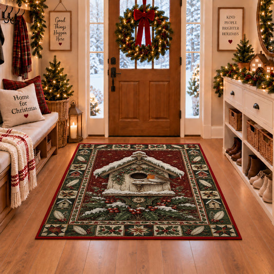 Robin Birdhouse in Snow Christmas area rug in a Christmas-decorated entryway