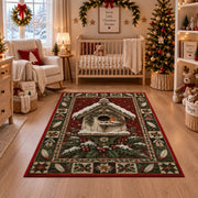 Robin Birdhouse in Snow Christmas area rug in a nursery with a crib