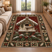 Robin Birdhouse in Snow Christmas area rug in a living room beside a sofa