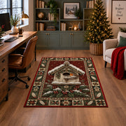 Robin Birdhouse in Snow Christmas area rug in a home office with a Christmas tree