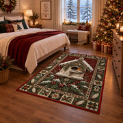 Robin Birdhouse in Snow Christmas area rug in a bedroom with festive decor