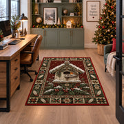 Robin Birdhouse in Snow Christmas area rug in a home office beside a desk
