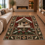 Robin Birdhouse in Snow Christmas area rug in a living room with a fireplace