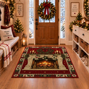 Cozy Fireplace with Stockings Christmas area rug in a Christmas-decorated entryway