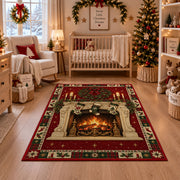 Cozy Fireplace with Stockings Christmas area rug in a nursery with a crib