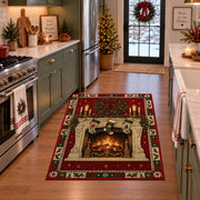 Cozy Fireplace with Stockings Christmas area rug in a holiday kitchen