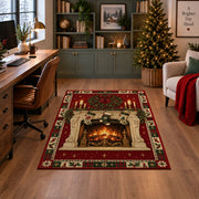 Cozy Fireplace with Stockings Christmas area rug in a home office with a Christmas tree