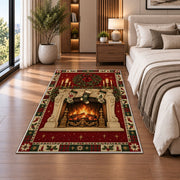 Cozy Fireplace with Stockings Christmas area rug in a bedroom beside the bed