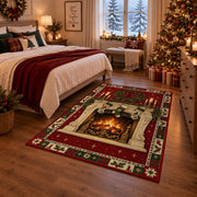 Cozy Fireplace with Stockings Christmas area rug in a bedroom with festive decor