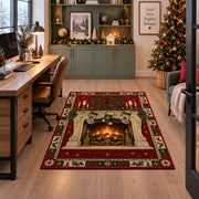 Cozy Fireplace with Stockings Christmas area rug in a home office beside a desk