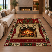 Cozy Fireplace with Stockings Christmas area rug in a living room with a fireplace