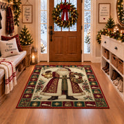 Vintage Santa with Lantern Christmas area rug in a Christmas-decorated entryway