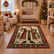 Vintage Santa with Lantern Christmas area rug in a nursery with a crib