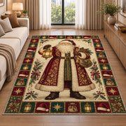 Vintage Santa with Lantern Christmas area rug in a living room beside a sofa