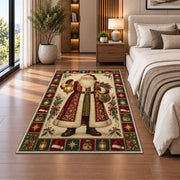 Vintage Santa with Lantern Christmas area rug in a bedroom beside the bed
