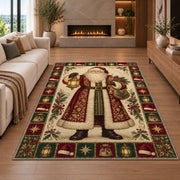 Vintage Santa with Lantern Christmas area rug in a living room with a fireplace
