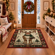 Red Nose Reindeer in Scarf Christmas area rug in a Christmas-decorated entryway