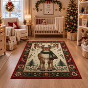 Red Nose Reindeer in Scarf Christmas area rug in a nursery with a crib