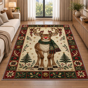 Red Nose Reindeer in Scarf Christmas area rug in a living room beside a sofa