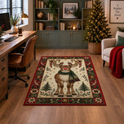 Red Nose Reindeer in Scarf Christmas area rug in a home office with a Christmas tree