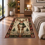 Red Nose Reindeer in Scarf Christmas area rug in a bedroom beside the bed