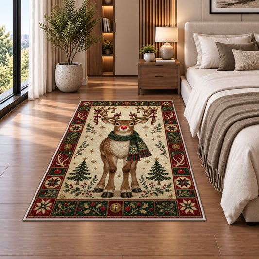 Red Nose Reindeer in Scarf Christmas area rug in a bedroom beside the bed