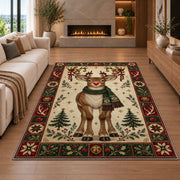 Red Nose Reindeer in Scarf Christmas area rug in a living room with a fireplace