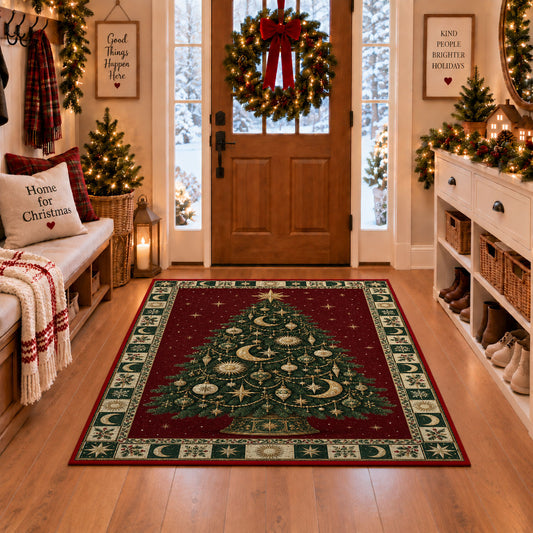 Celestial Christmas Tree Christmas area rug in a Christmas-decorated entryway
