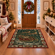 Santa Sleigh Over Snowy Forest Christmas area rug in a Christmas-decorated entryway