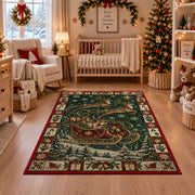 Santa Sleigh Over Snowy Forest Christmas area rug in a nursery with a crib
