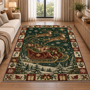 Santa Sleigh Over Snowy Forest Christmas area rug in a living room beside a sofa