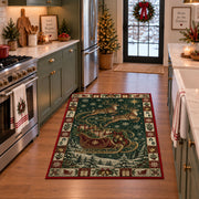 Santa Sleigh Over Snowy Forest Christmas area rug in a holiday kitchen
