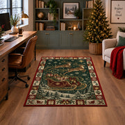 Santa Sleigh Over Snowy Forest Christmas area rug in a home office with a Christmas tree