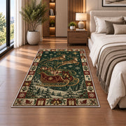 Santa Sleigh Over Snowy Forest Christmas area rug in a bedroom beside the bed