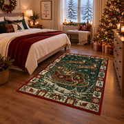 Santa Sleigh Over Snowy Forest Christmas area rug in a bedroom with festive decor