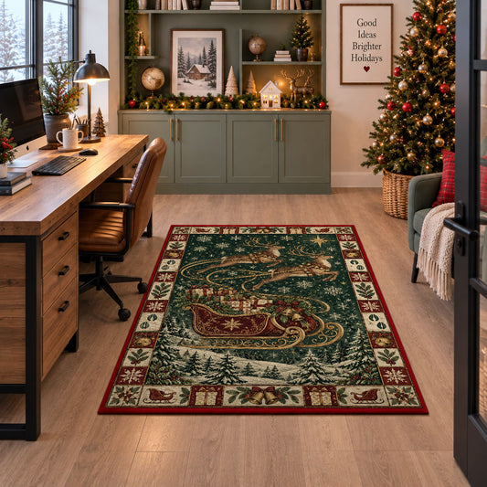 Santa Sleigh Over Snowy Forest Christmas area rug in a home office beside a desk