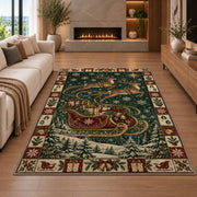 Santa Sleigh Over Snowy Forest Christmas area rug in a living room with a fireplace