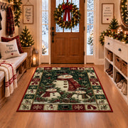 Snowman Family Christmas area rug in a Christmas-decorated entryway