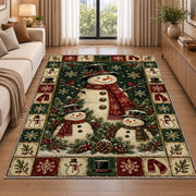 Snowman Family Christmas area rug in a living room beside a sofa