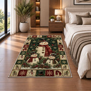 Snowman Family Christmas area rug in a bedroom beside the bed