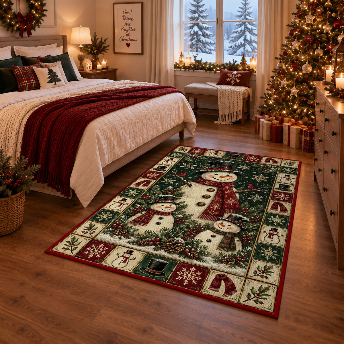 Snowman Family Christmas area rug in a bedroom with festive decor