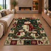 Snowman Family Christmas area rug in a living room with a fireplace