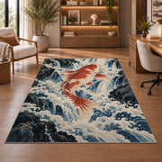 Koi Climbing Waterfall koi fish rug in a study with an armchair and bookshelves