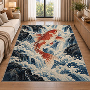 Koi Climbing Waterfall koi fish rug in a living room beside a sofa